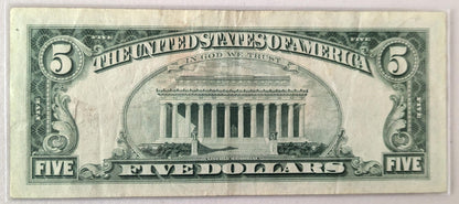 1963 Red Seal 5 Dollar Star Note - AU Grade - Low Serial Numbers - Choice of Serial - 1963 Five Dollar US Legal Star Note - Fr#1536*