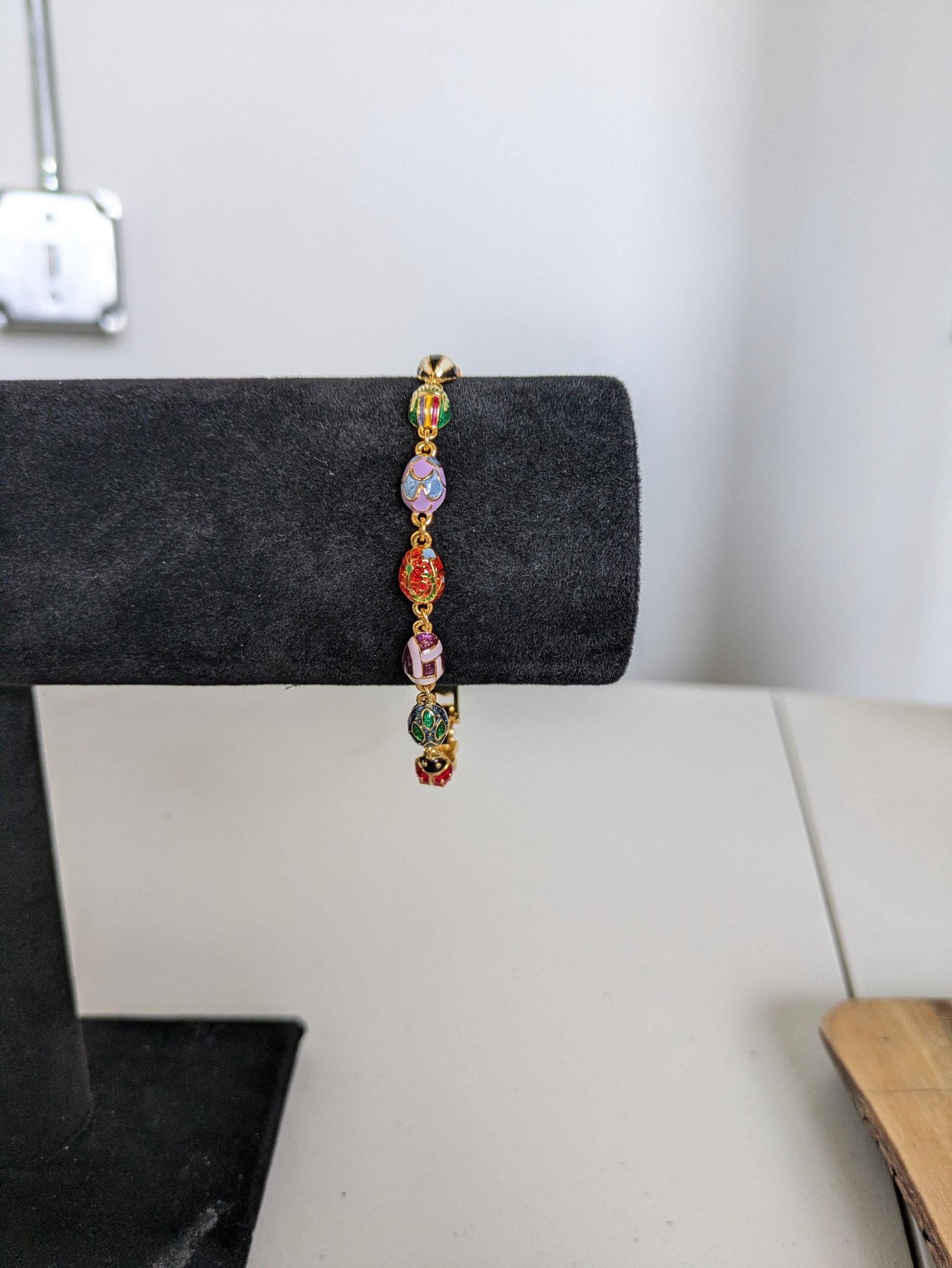 Vintage Joan Rivers Gold Toned Faberge Egg Bracelet - 8 Inches - Enamel Faberge Egg Bracelet - Faberge Ladybug Bracelet