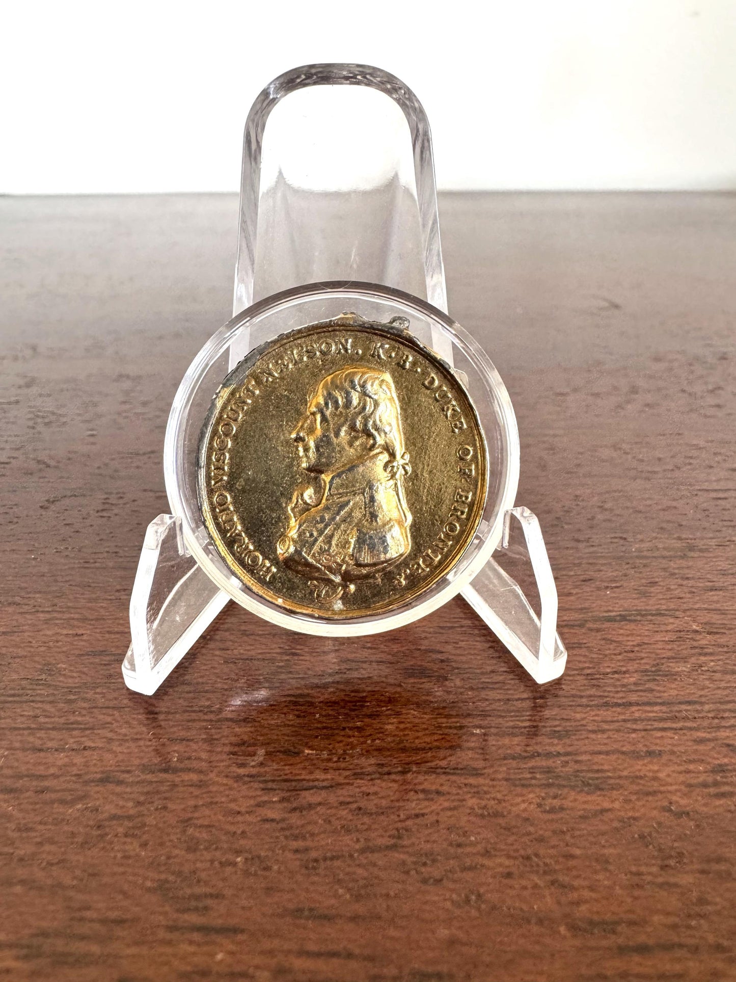 Antique Horatio Viscount Nelson and Centenary of Battle of Trafalgar 1805 Gold Toned Tin Token - Battle of Trafalgar 1805 Centenary Token