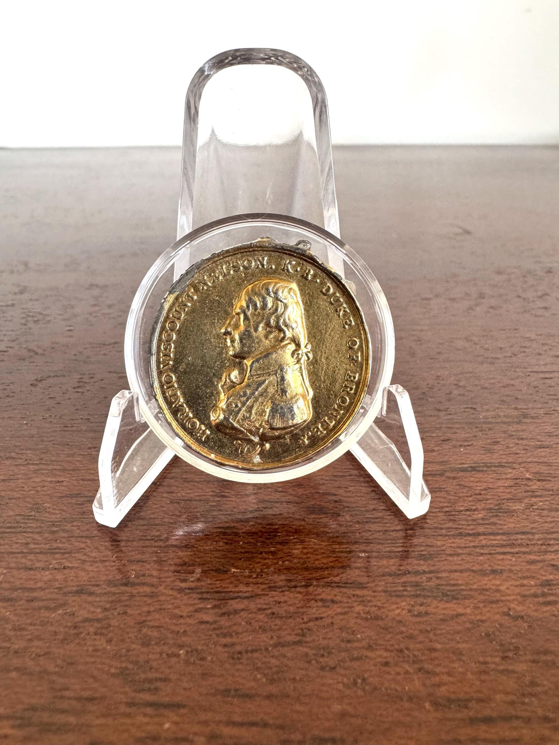 Antique Horatio Viscount Nelson and Centenary of Battle of Trafalgar 1805 Gold Toned Tin Token - Battle of Trafalgar 1805 Centenary Token