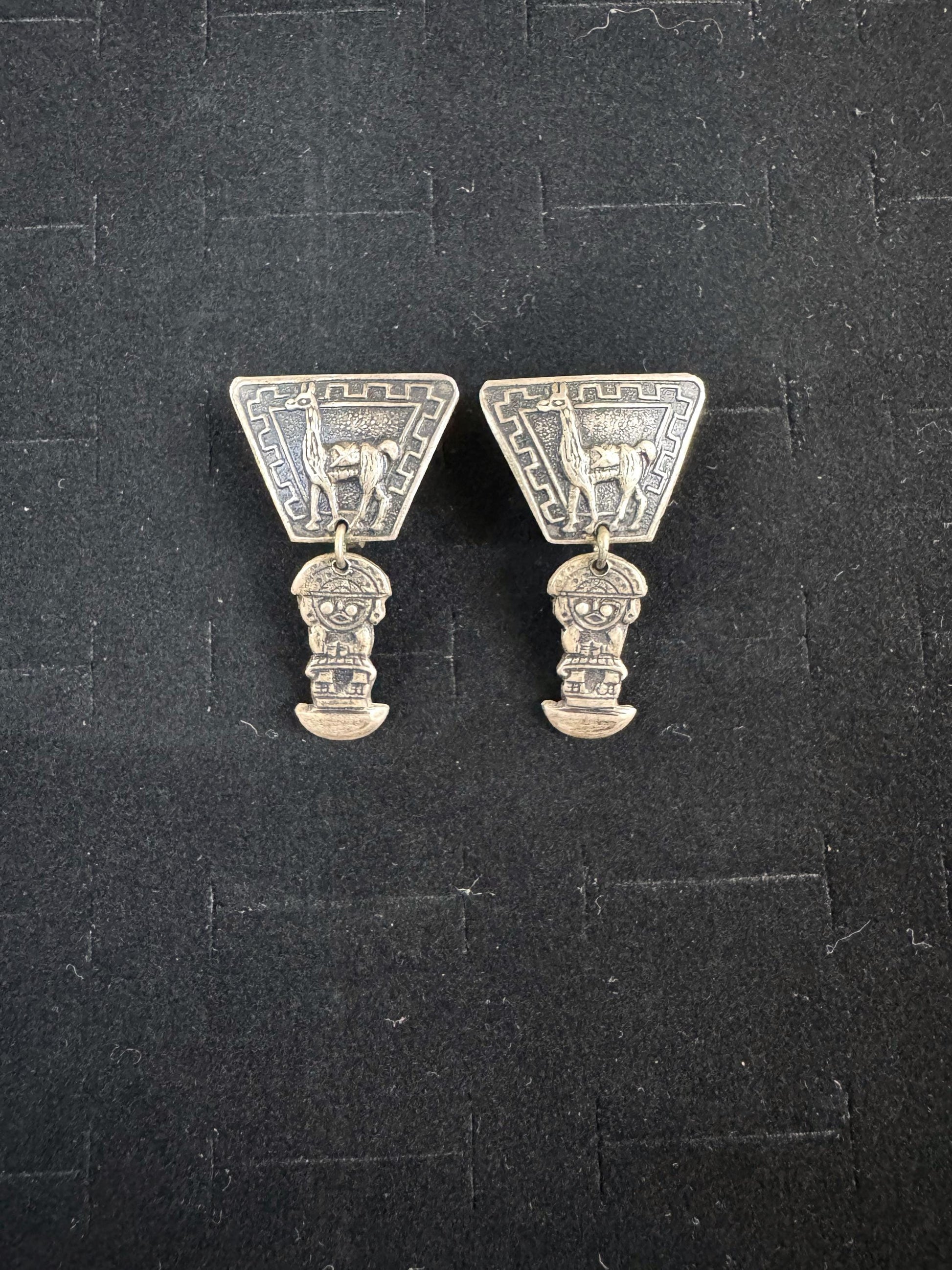 Antique Sterling Silver Incan Peruvian Screwback Earrings - Incan Alpaca Earrings - Viracocha Alpaca Earrings