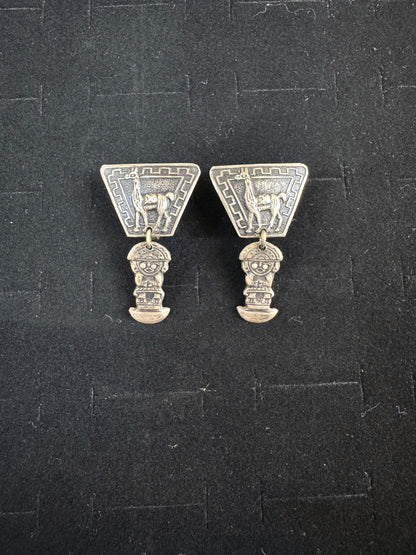 Antique Sterling Silver Incan Peruvian Screwback Earrings - Incan Alpaca Earrings - Viracocha Alpaca Earrings