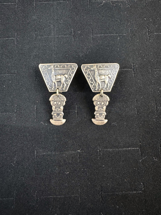 Antique Sterling Silver Incan Peruvian Screwback Earrings - Incan Alpaca Earrings - Viracocha Alpaca Earrings