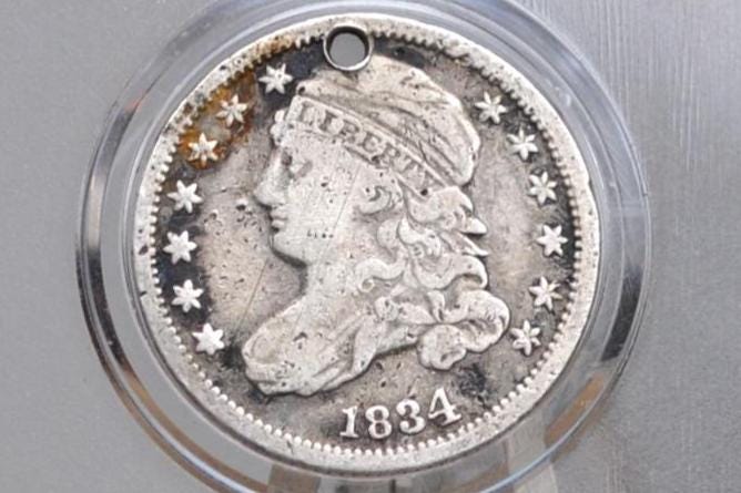 Genuine Antique Love Token, "M" - Made From an 1834 Silver Dime - Beautiful Scroll Work, 1800s Silver Love Token Simple Letter M