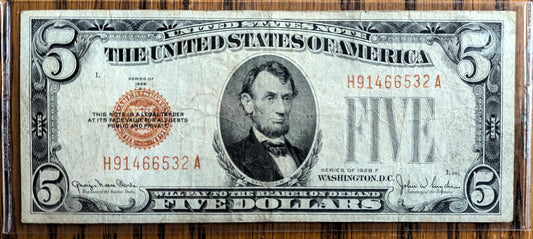 1928-F Us 5 Dollar Legal Tender Note - Faded Brown/Red Ink - Choice Very Fine (Vf+) - 1928F Five Dollar Legal Tender Us Note - Fr.1531