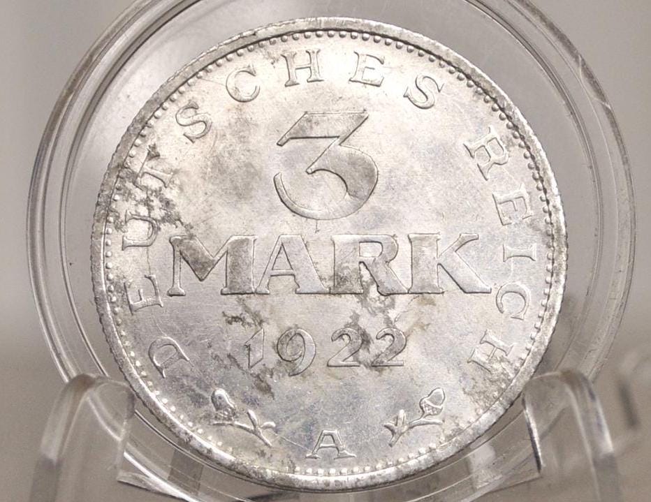 1922 Aluminum German 3 Mark A - AU Condition - Weimar Republic 3 Mark - Berlin Mint -