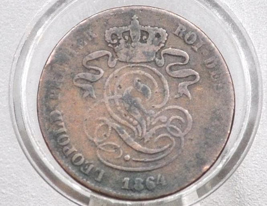 1864 Belgian 2 Centimes - VG/F, Great Detail - Leopold I - 1864 Belgium 2 Cents, Incredible Coin for a collection, Better Date