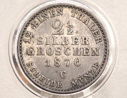 1870 Prussian 2 1/2 Silber Groschen Coin - AU (About Uncirculated) Condition - William I -