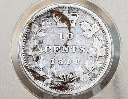 1899 Canadian Silver 10 Cent Coin - F (Fine) Grade - Queen Victoria Canada Ten Cent Sterling Silver 1899 Small 99