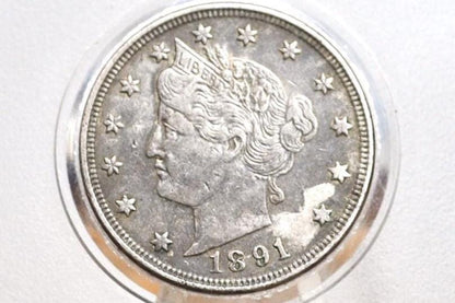 1891 Liberty Head Nickel - AG (About Good) Grade - Lower Mintage Date - 1891 V Nickel - Philadelphia Mint - 1891 Nickel