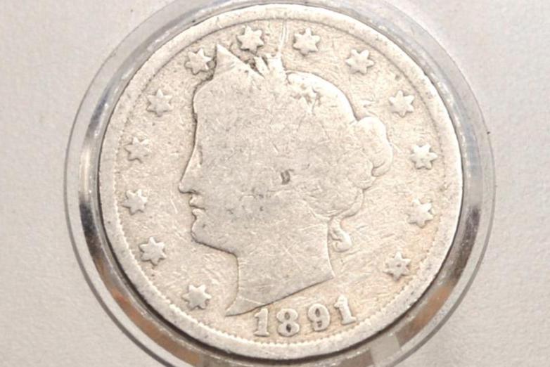 1891 Liberty Head Nickel - AG (About Good) Grade - Lower Mintage Date - 1891 V Nickel - Philadelphia Mint - 1891 Nickel