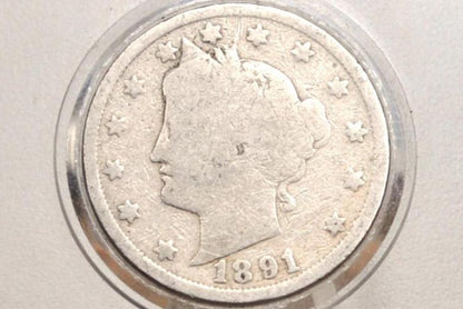 1891 Liberty Head Nickel - AG (About Good) Grade - Lower Mintage Date - 1891 V Nickel - Philadelphia Mint - 1891 Nickel
