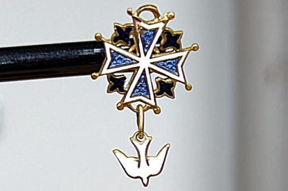 Antique Sterling Silver Huguenot Cross Symbol Pin - Dove Royal Society Pin - French Bronze Enamel Holy Cross Pin - Holy Ghost, Holy Spirit