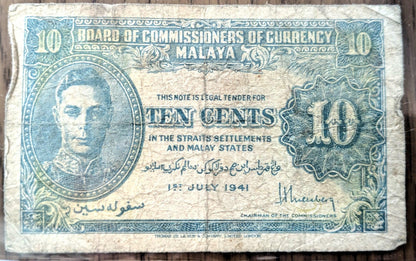 1941 British Malaya 10 Cents Note - WWII Occupied Malaysia - Fine (F) Grade - 1941 Commissioners Board Britian Malaya Ten Cents Note - P#8