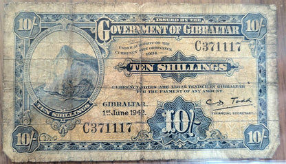 1942 Government of Gibraltar 10 Shillings Note - Financial Secretary Type - WW2 Dated Note - 1942 Gibraltar Ten Shillings Banknote - P#14b