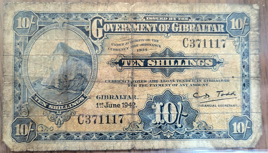 1942 Government of Gibraltar 10 Shillings Note - Financial Secretary Type - WW2 Dated Note - 1942 Gibraltar Ten Shillings Banknote - P#14b