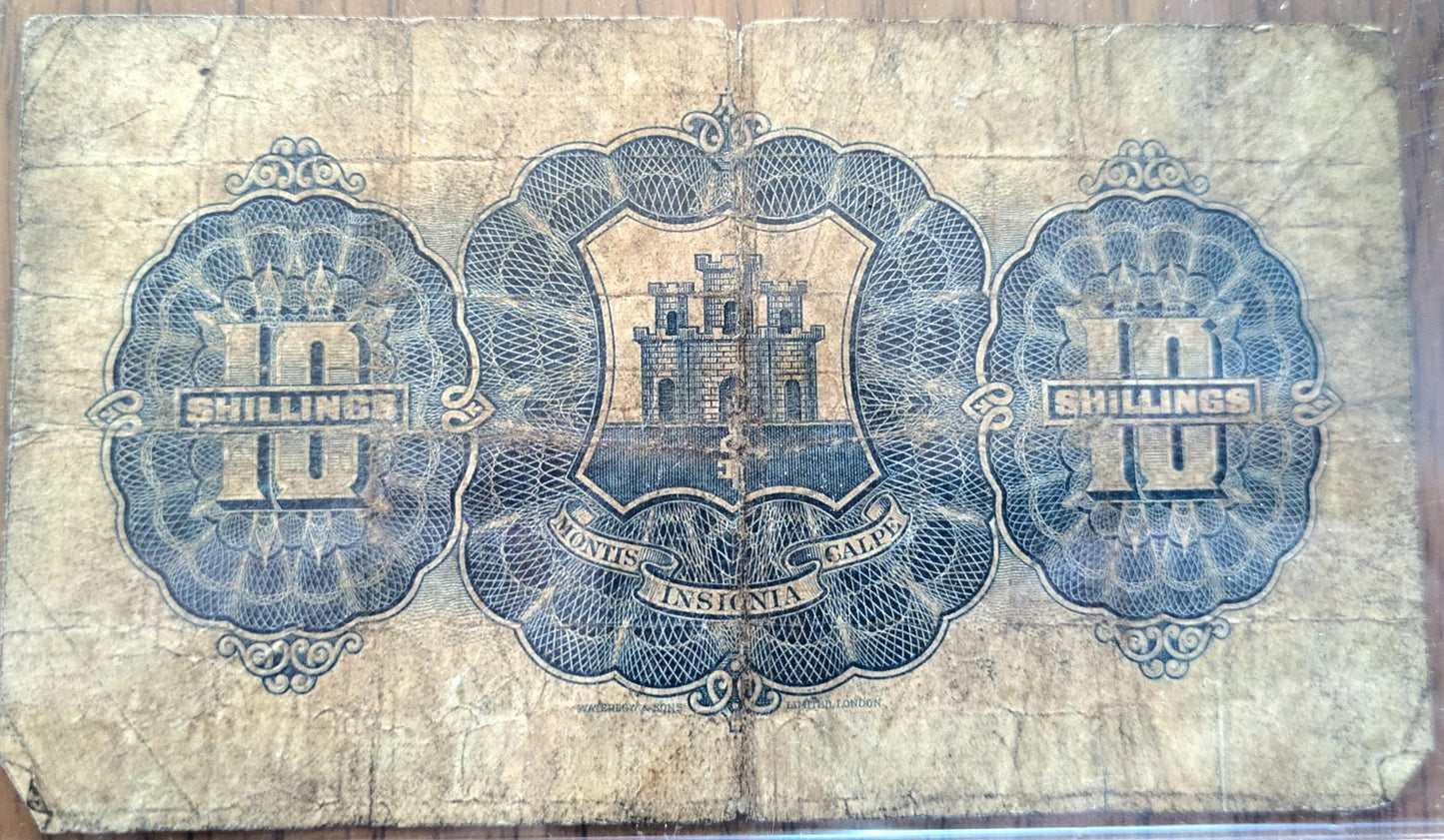 1942 Government of Gibraltar 10 Shillings Note - Financial Secretary Type - WW2 Dated Note - 1942 Gibraltar Ten Shillings Banknote - P#14b