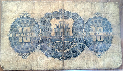 1942 Government of Gibraltar 10 Shillings Note - Financial Secretary Type - WW2 Dated Note - 1942 Gibraltar Ten Shillings Banknote - P#14b