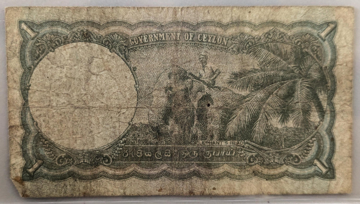 1949 Government of Ceylon 1 Rupee Note - King George VI Issue - Sri Lanka Note - 1949 British Ceylon One Rupee Note- P#34