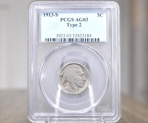1913-S Buffalo Nickel Type 2 - AG (PCGS) - Key Date And Mint - 1913 S Indian Head Nickel Type 2 1913 S Type Two 1913S Nickel - Rare