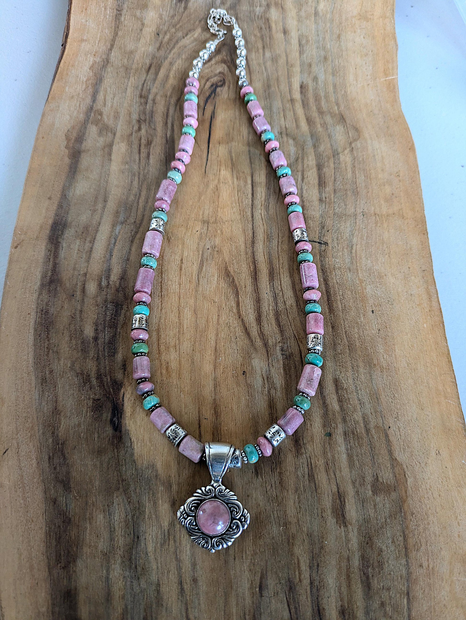 Vintage Carolyn Pollack Sterling Silver Southwestern Rhodonite and Turquoise Beaded Necklace - 17-19 Inches Adjustable