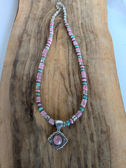 Vintage Carolyn Pollack Sterling Silver Southwestern Rhodonite and Turquoise Beaded Necklace - 17-19 Inches Adjustable