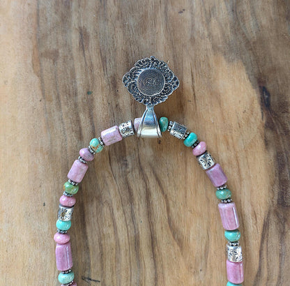 Vintage Carolyn Pollack Sterling Silver Southwestern Rhodonite and Turquoise Beaded Necklace - 17-19 Inches Adjustable