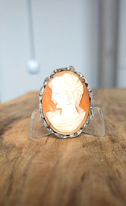 Antique Authentic 800 Continental Silver Cameo Pendant - Vintage Victorian Woman Cameo 800 Continental Silver Pendant