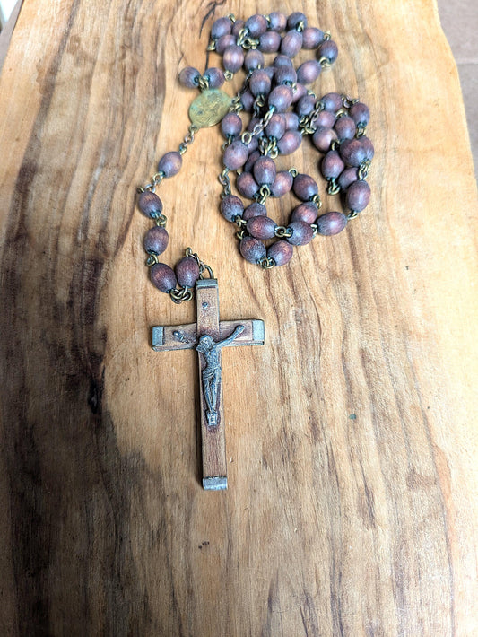 Antique Catholic Rosary Spina Christi Wooden Beads with Wood and Sterling Silver Cross and Our Lady of Lourdes Charm - Italian Religious