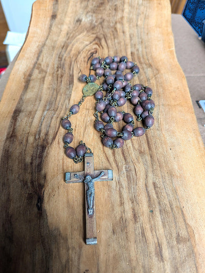 Antique Catholic Rosary Spina Christi Wooden Beads with Wood and Sterling Silver Cross and Our Lady of Lourdes Charm - Italian Religious