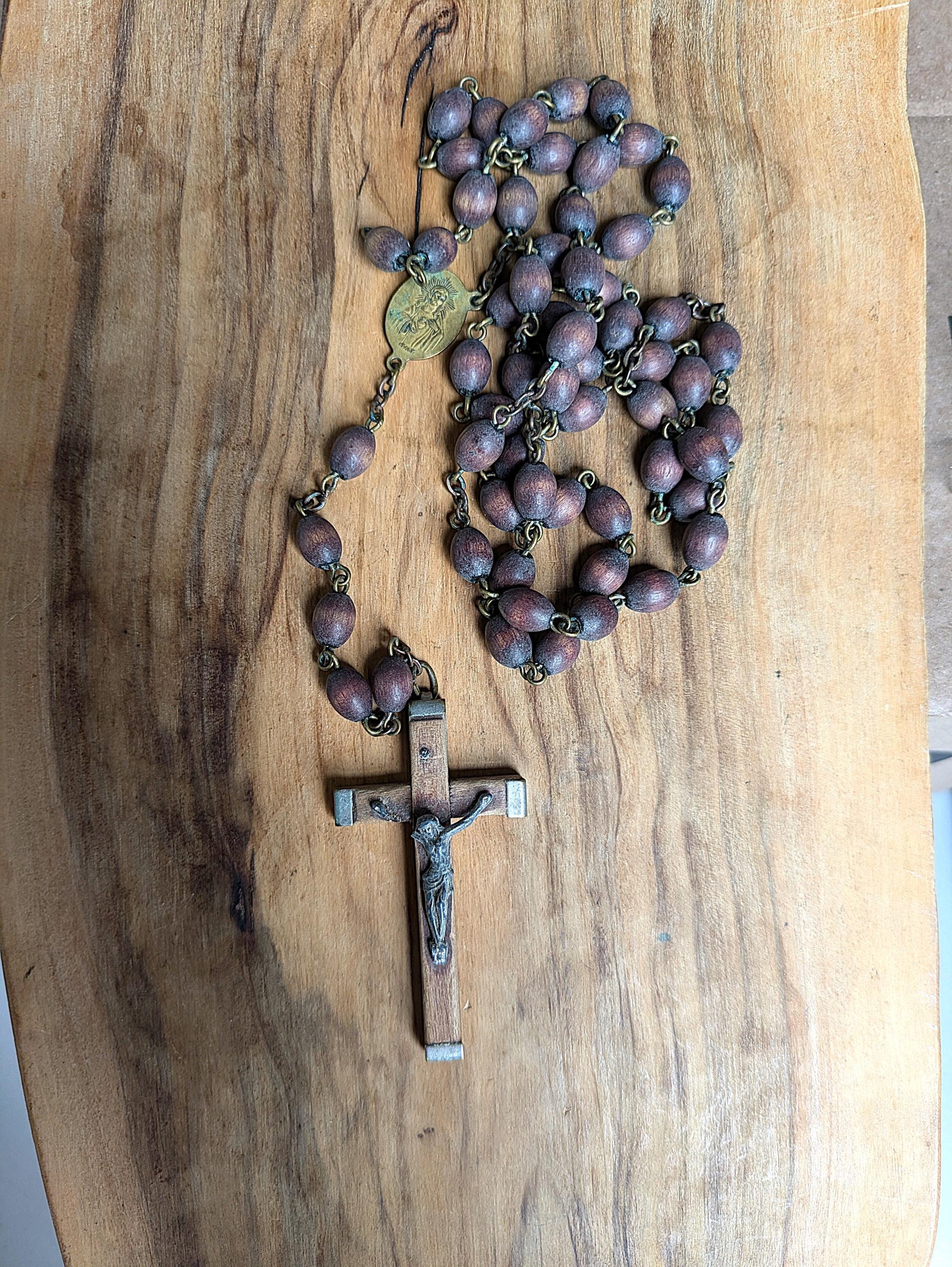 Antique Catholic Rosary Spina Christi Wooden Beads with Wood and Sterling Silver Cross and Our Lady of Lourdes Charm - Italian Religious