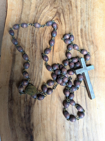 Antique Catholic Rosary Spina Christi Wooden Beads with Wood and Sterling Silver Cross and Our Lady of Lourdes Charm - Italian Religious