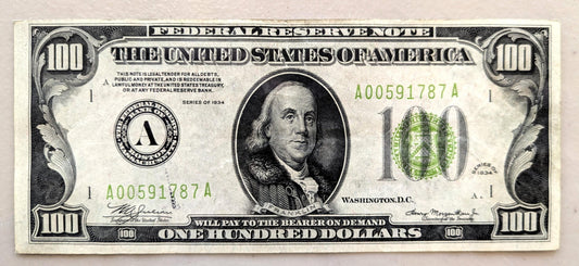1934 100 Dollar Federal Reserve Note - Light Green Seal - Boston (A) Issue - Extremely Fine (XF) - 1934 One Hundred Dollar Note Boston - Fr#
