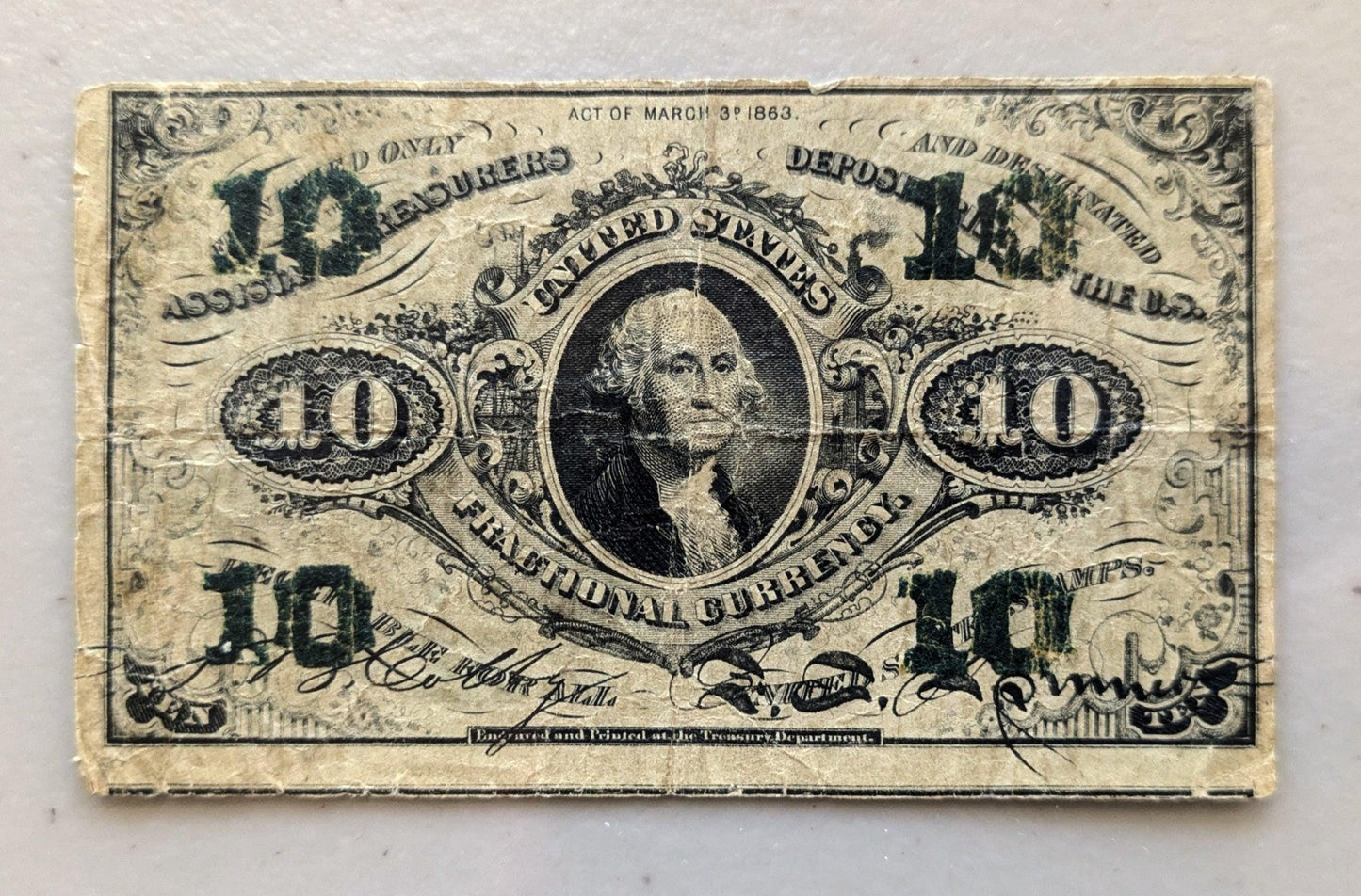 1863 US 3rd Issue 10 Cent Fractional Note - Very Fine (VF) - Colby/Spinner Signed - Third Issue Ten Cents Fractional Currency Note - Fr.1255