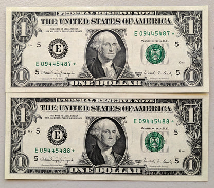 Consecutive Pair 1988-A 1 Dollar Federal Reserve Star Notes - Richmond E Issue - 1988 A One Dollar Star Notes Sequential Pair - Fr#1915-E*