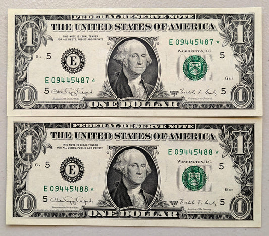 Consecutive Pair 1988-A 1 Dollar Federal Reserve Star Notes - Richmond E Issue - 1988 A One Dollar Star Notes Sequential Pair - Fr#1915-E*