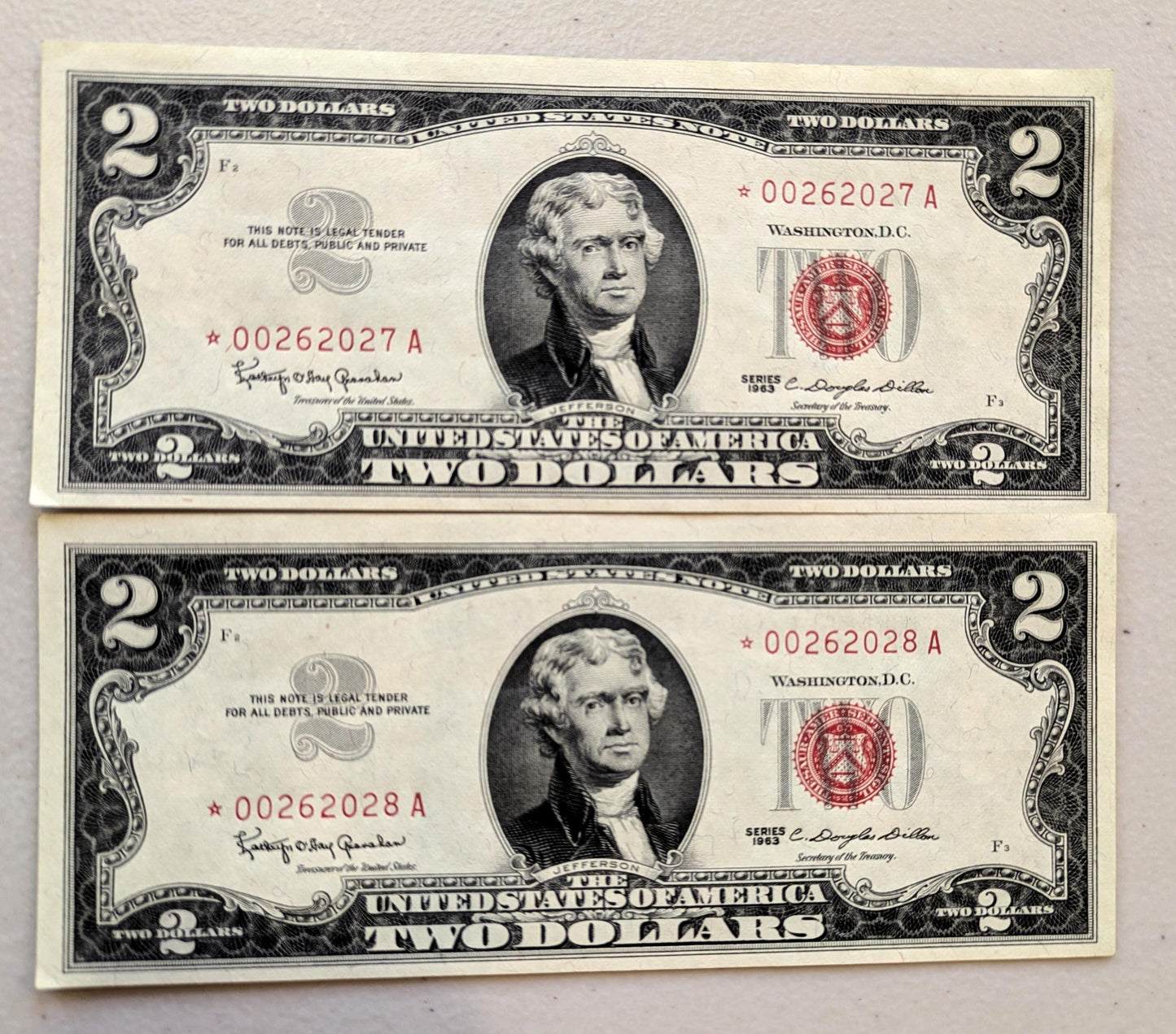 Set of 5 1963A Red Seal 2 Dollar United States Notes - UNC - Consecutive Serial Numbers - 1963 A Two Dollar Legal Tender Notes - Fr.1514 (Co