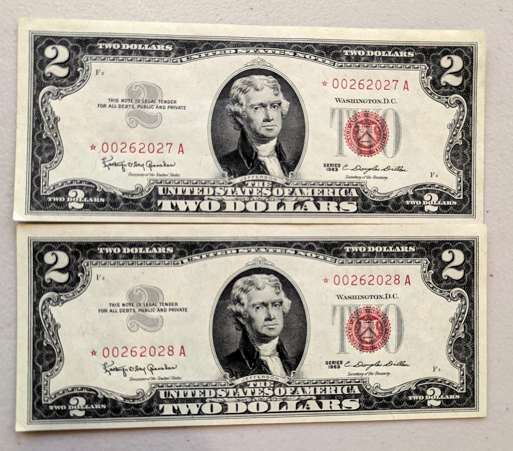Set of 5 1963A Red Seal 2 Dollar United States Notes - UNC - Consecutive Serial Numbers - 1963 A Two Dollar Legal Tender Notes - Fr.1514 (Co