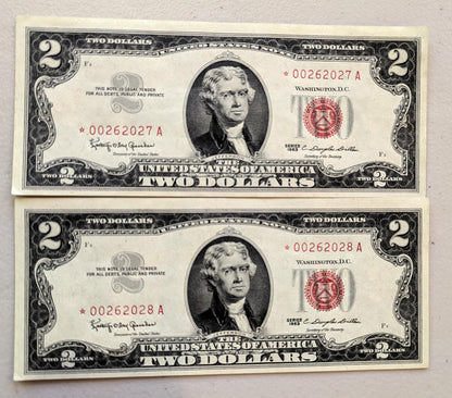 Set of 5 1963A Red Seal 2 Dollar United States Notes - UNC - Consecutive Serial Numbers - 1963 A Two Dollar Legal Tender Notes - Fr.1514 (Co