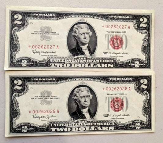 Set of 5 1963A Red Seal 2 Dollar United States Notes - UNC - Consecutive Serial Numbers - 1963 A Two Dollar Legal Tender Notes - Fr.1514 (Co