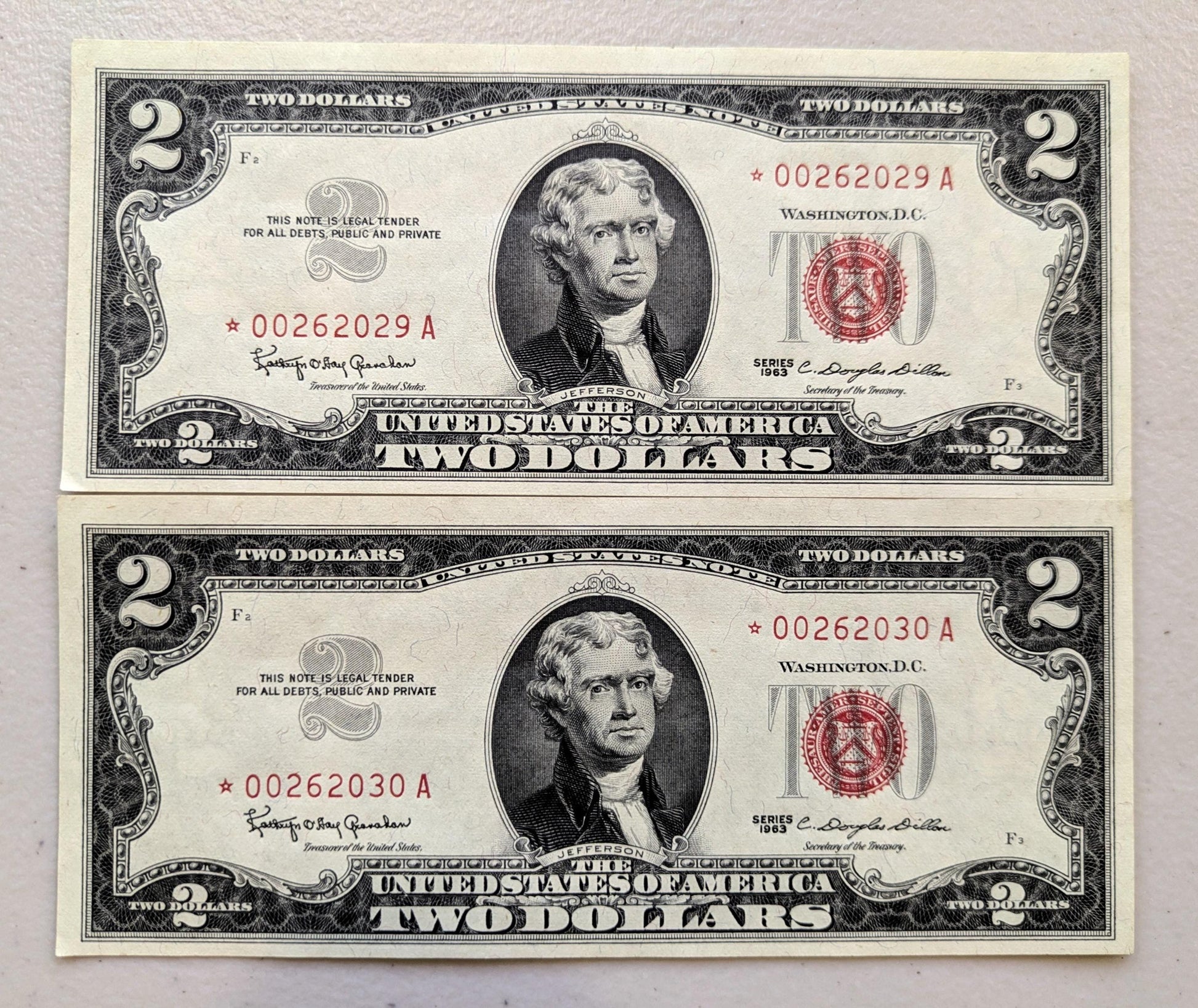Set of 5 1963A Red Seal 2 Dollar United States Notes - UNC - Consecutive Serial Numbers - 1963 A Two Dollar Legal Tender Notes - Fr.1514 (Co
