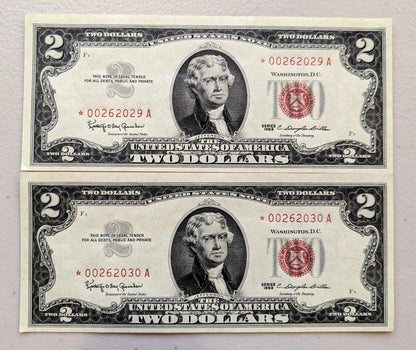 Set of 5 1963A Red Seal 2 Dollar United States Notes - UNC - Consecutive Serial Numbers - 1963 A Two Dollar Legal Tender Notes - Fr.1514 (Co