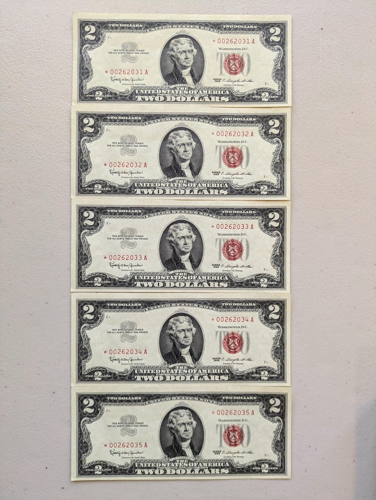 Set of 5 1963A Red Seal 2 Dollar United States Notes - UNC - Consecutive Serial Numbers - 1963 A Two Dollar Legal Tender Notes - Fr.1514 (Co