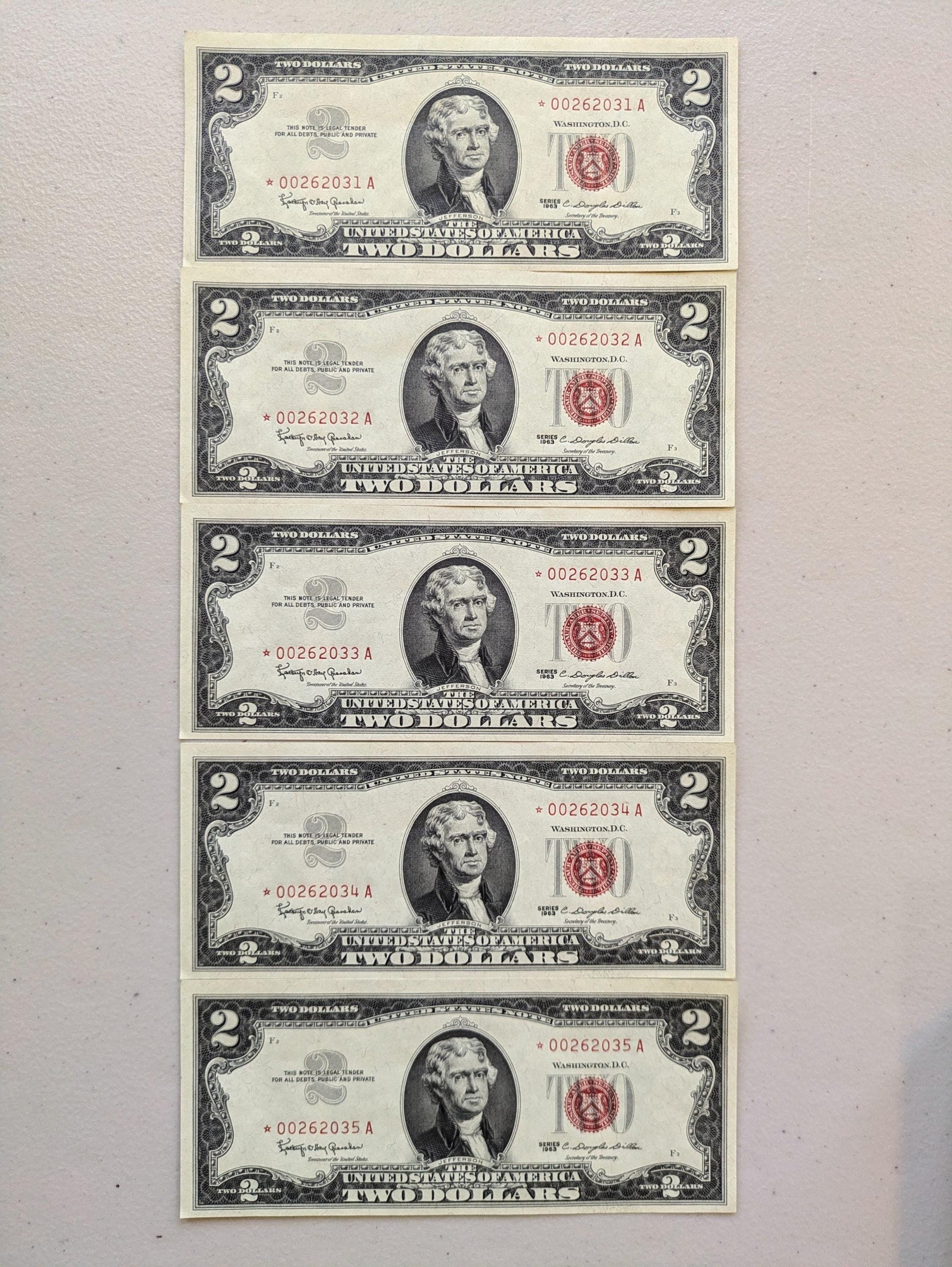 Set of 5 1963A Red Seal 2 Dollar United States Notes - UNC - Consecutive Serial Numbers - 1963 A Two Dollar Legal Tender Notes - Fr.1514 (Co