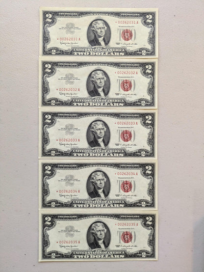 Set of 5 1963A Red Seal 2 Dollar United States Notes - UNC - Consecutive Serial Numbers - 1963 A Two Dollar Legal Tender Notes - Fr.1514 (Co