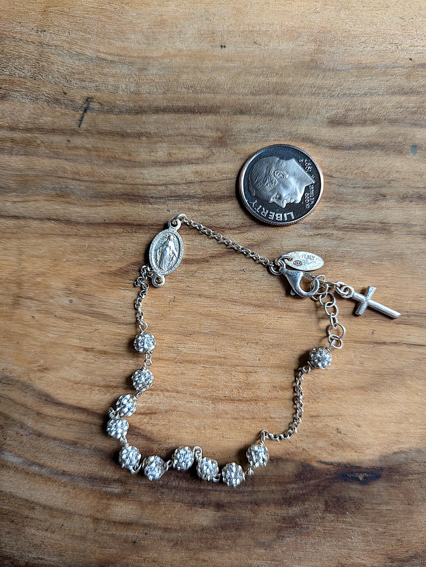 Sparkling Sterling Silver Dyadema Italy Crystal Bead Religious Madonna Cross Bracelet - Crystal Cross Bracelet - Small Crystal Beads