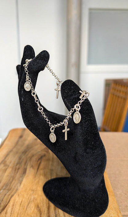 Religious Sterling Silver Italy Madonna Cross Bracelet - Madonna Cross Bracelet - Small Cross and Madonna Bracelet - 18 mm