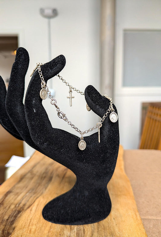 Religious Sterling Silver Italy Madonna Cross Bracelet - Madonna Cross Bracelet - Small Cross and Madonna Bracelet - 18 mm