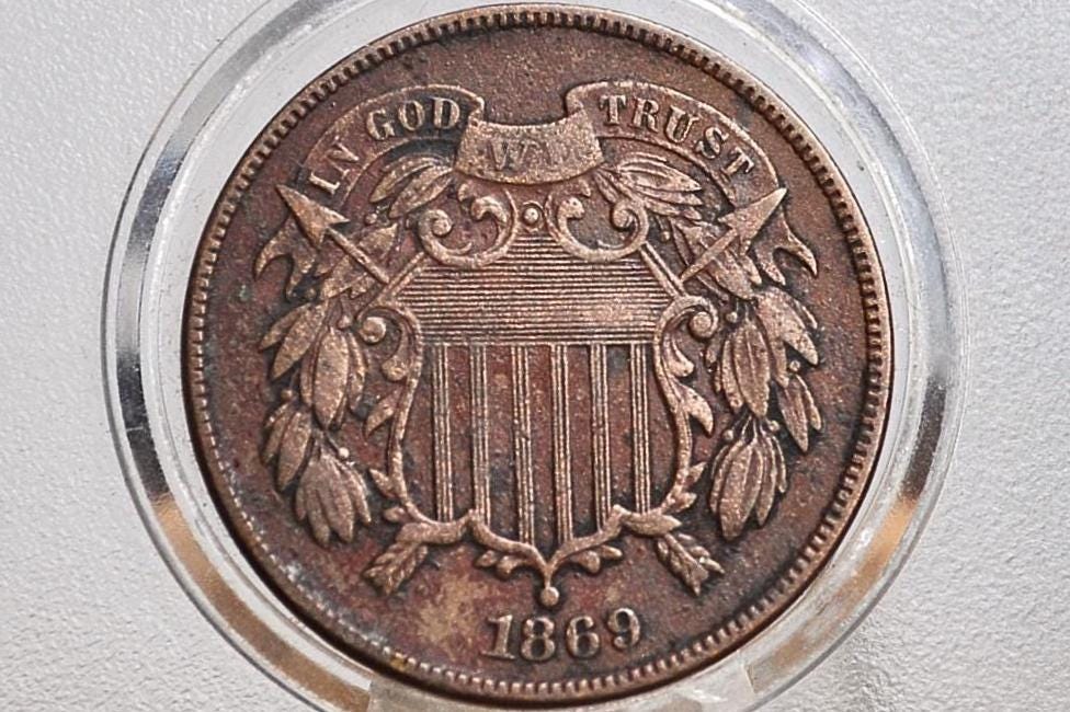 1869 Two Cent US Coin - VG-F (Very Good to Fine) Grade / Condition - Civil War Era - 2 Cent Piece 1869 - Two Cent Coins