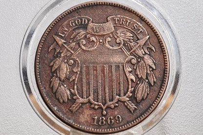 1869 Two Cent US Coin - VG-F (Very Good to Fine) Grade / Condition - Civil War Era - 2 Cent Piece 1869 - Two Cent Coins